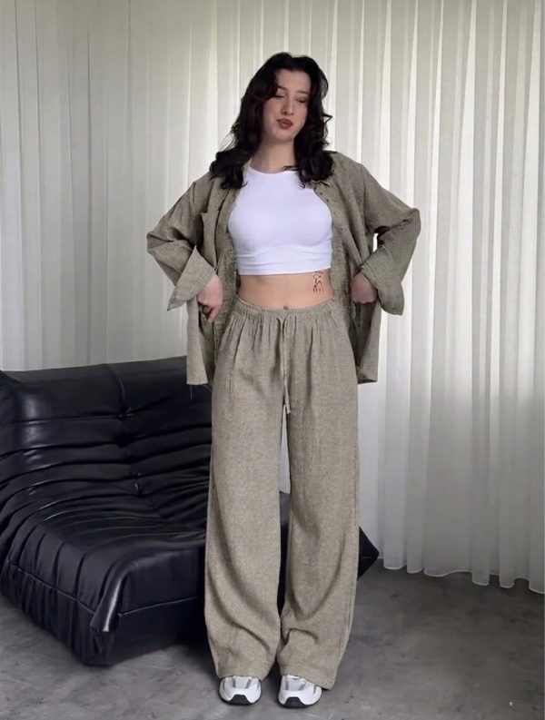 Screenshot Ensemble d'Été "Vibe Line" 2 Pièces (Chemise & Pantalon Large) en Lin Naturel