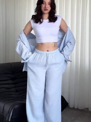 Ensemble d'Été "Vibe Line" 2 Pièces (Chemise & Pantalon Large) en Lin Naturel